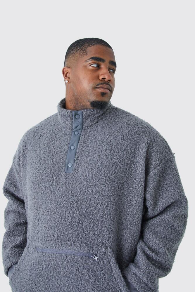 boohoo Mens Plus Oversized 1/4 Button Boucle Sweatshirt - Grey Cover