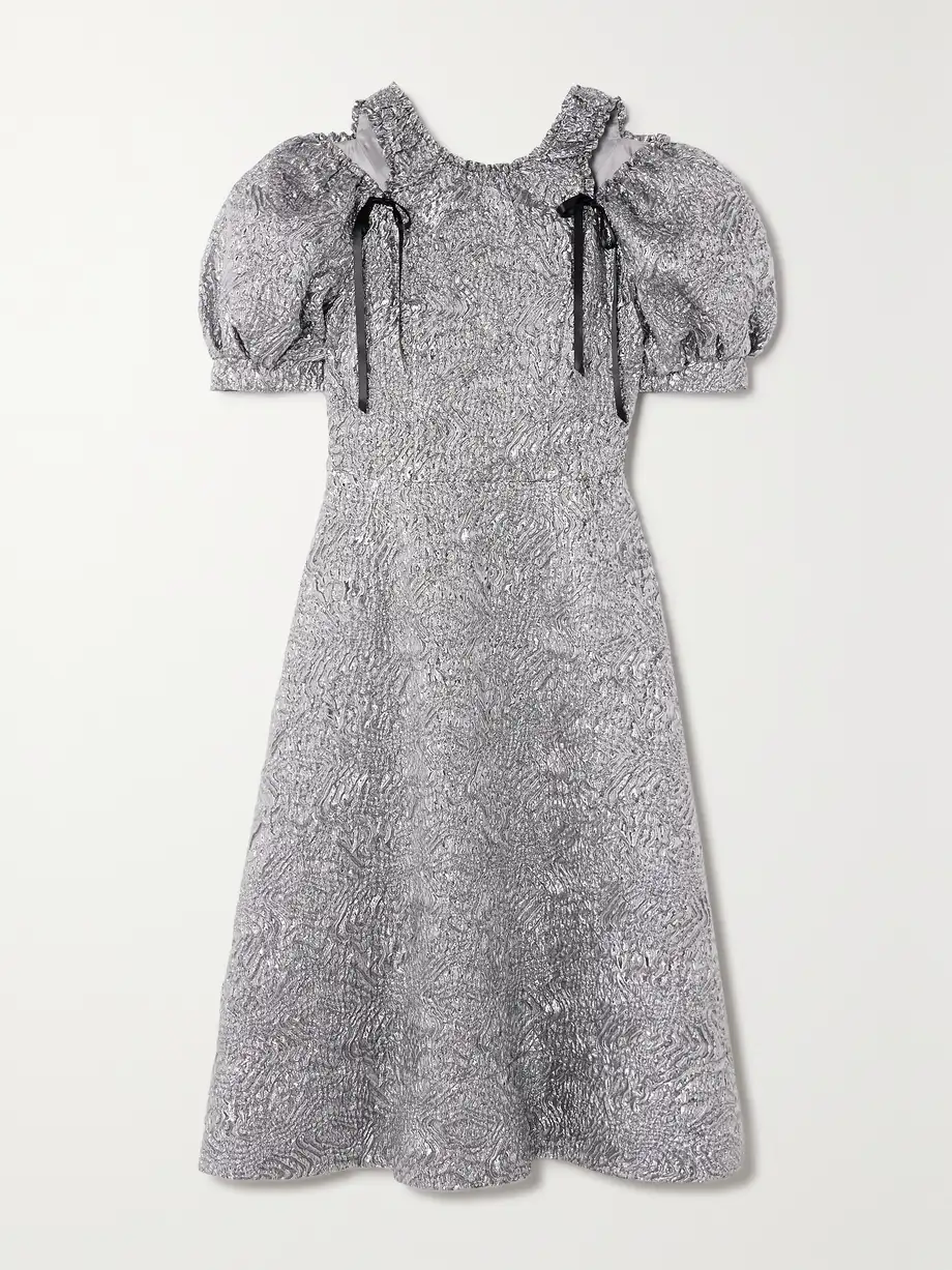 Simone Rocha - Bow-detailed Cutout Metallic Cloqué Midi Dress - Silver Cover