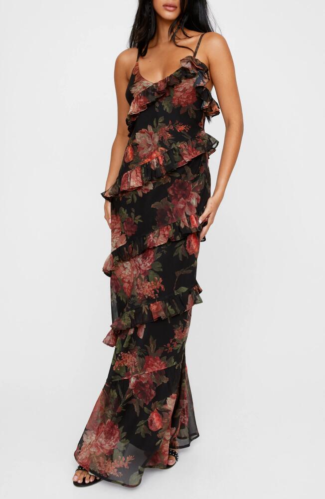 NASTY GAL Floral Ruffle Tiered Chiffon Dress in Black Cover