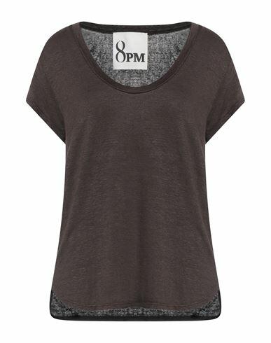 8pm Woman T-shirt Dark brown Linen, Elastane Cover