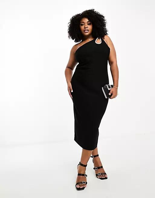 Ever New Curve asymmetrical diamante teardop midi dress in black Cover