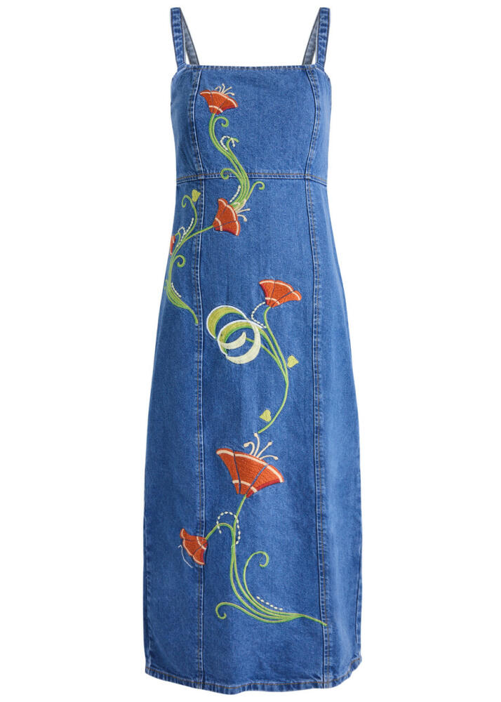 Kitri Ursula Floral-embroidered Denim Midi Dress Cover