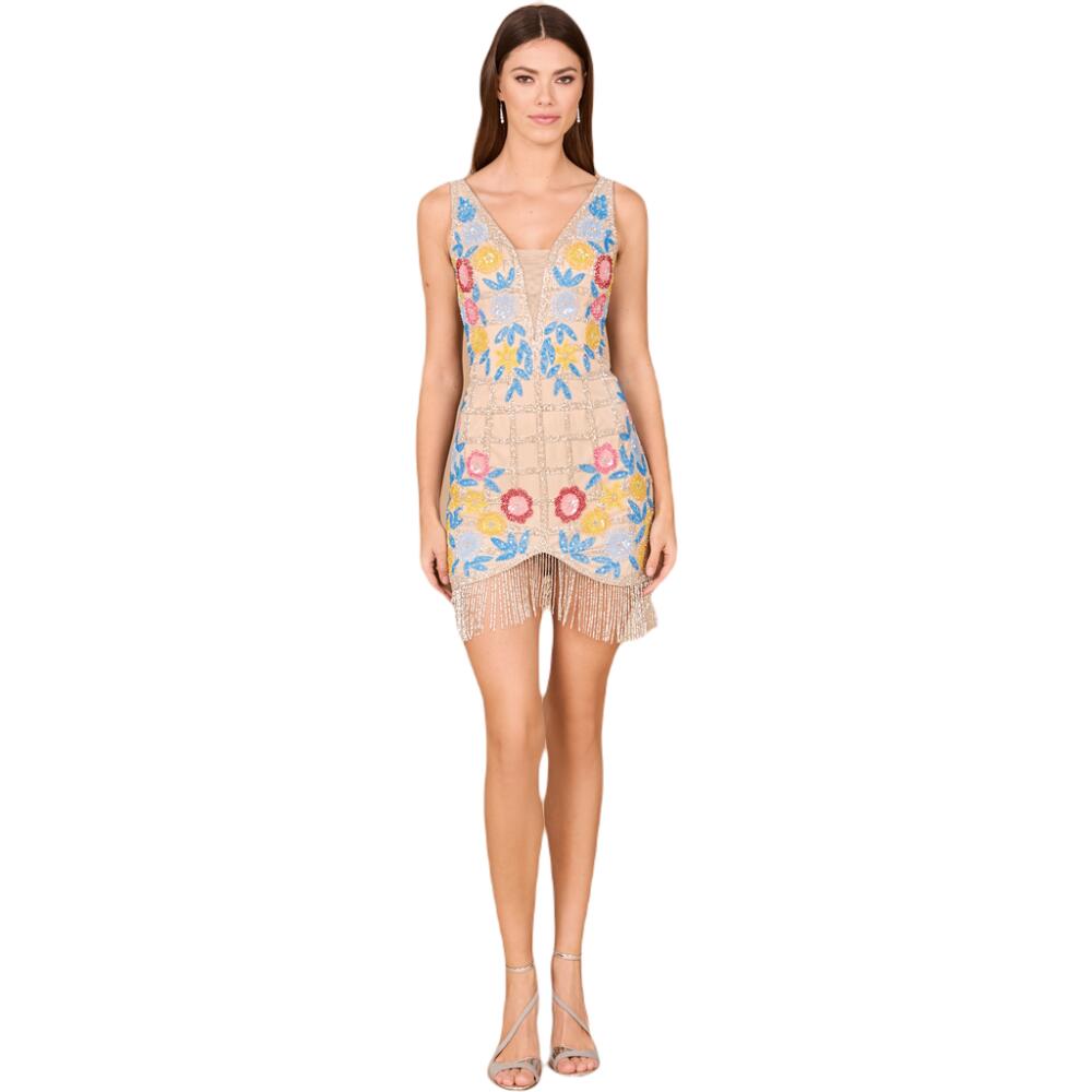 LARA New York Floral Beaded Cocktail Fringe Dress in Nude/multi Cover