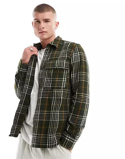 Only & Sons flannel check overshirt in khaki-Green Cover