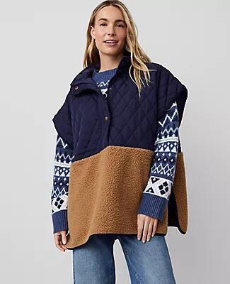 Ann Taylor Weekend Quilted Sherpa Button Front Poncho Cover