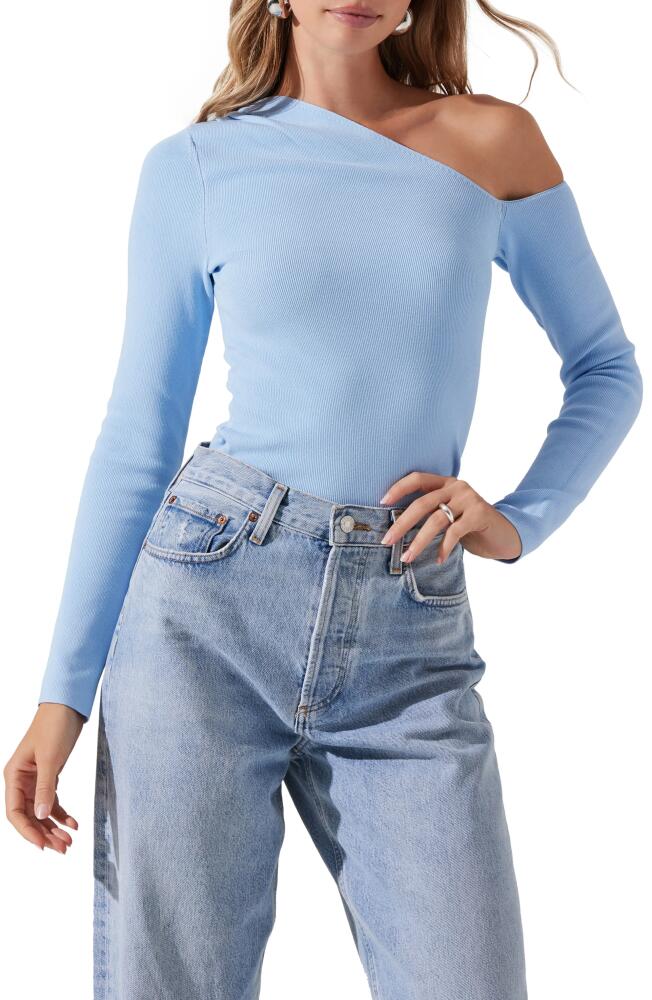 ASTR the Label Asymmetric One-Shoulder Rib Sweater in Sky Blue Cover