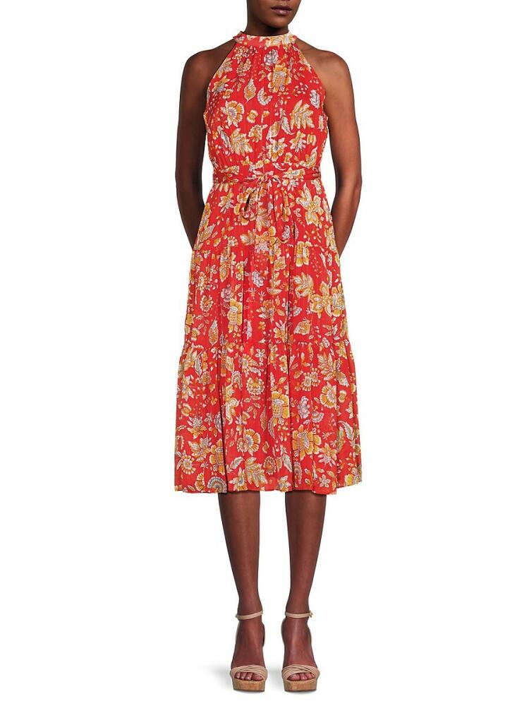 NANETTE nanette lepore Women's Floral Tiered Belted Midi Flare Dress - Safari Sun Cover