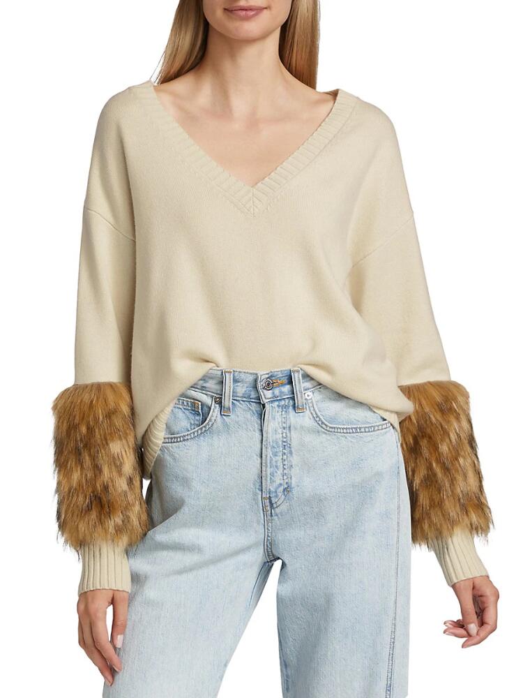 Naadam Women's Faux-Fur Trim V-Neck Sweater - White Cover