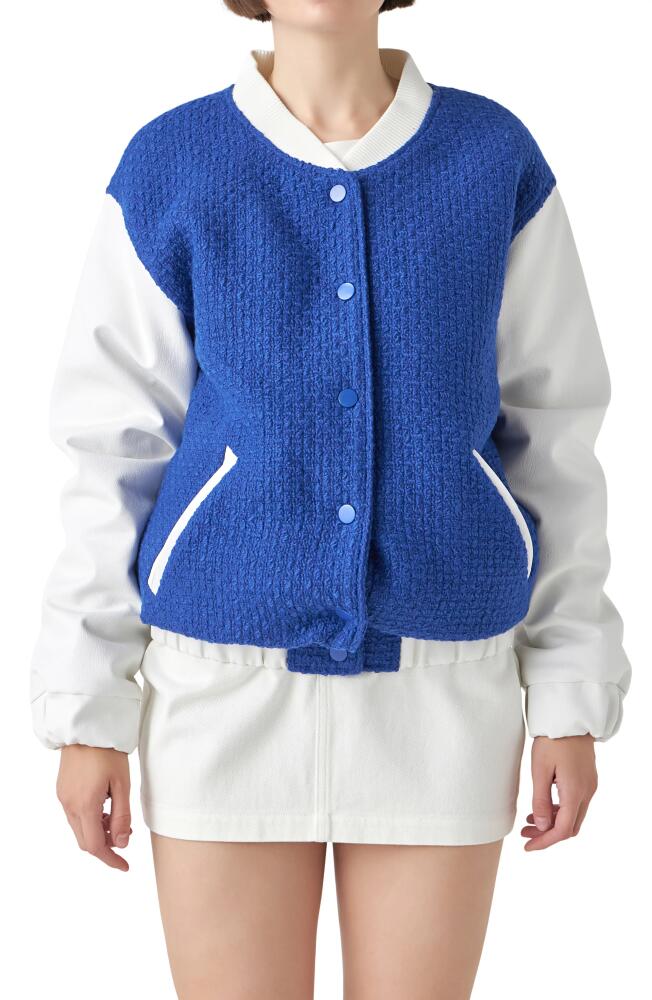 English Factory Tweed & Faux Leather Bomber Jacket in Blue/White Cover