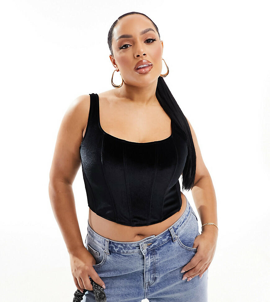 ASOS DESIGN Curve Amber velvet corset top in black Cover