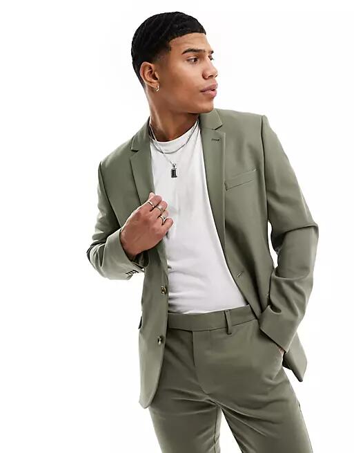 ASOS DESIGN skinny suit jacket in khaki twill-Green Cover