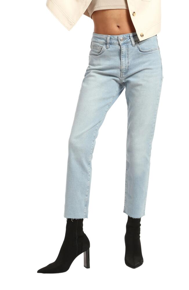 Brooklyn Industries Court Raw Hem High Waist Ankle Tapered Jeans in Bleached Denim Cover