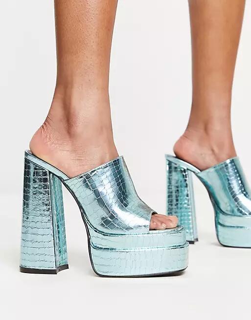 Daisy Street Exclusive platform mule sandals in blue croc metallic Cover