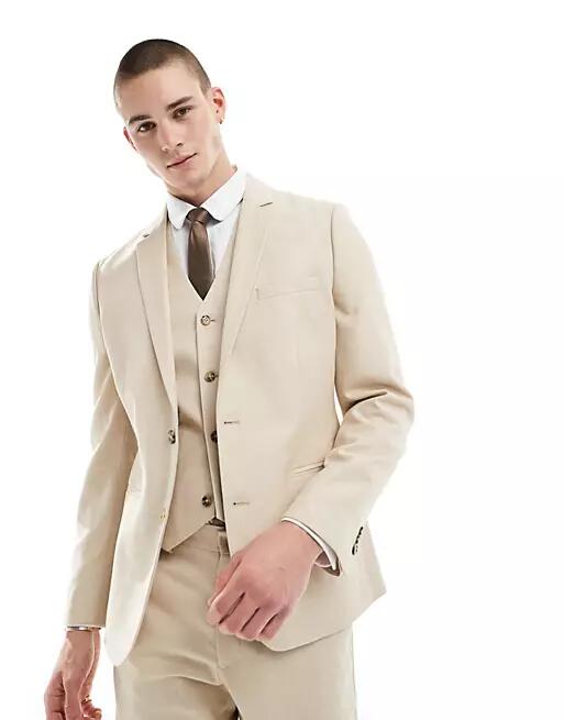 ASOS DESIGN wedding skinny suit jacket in stone-White Cover