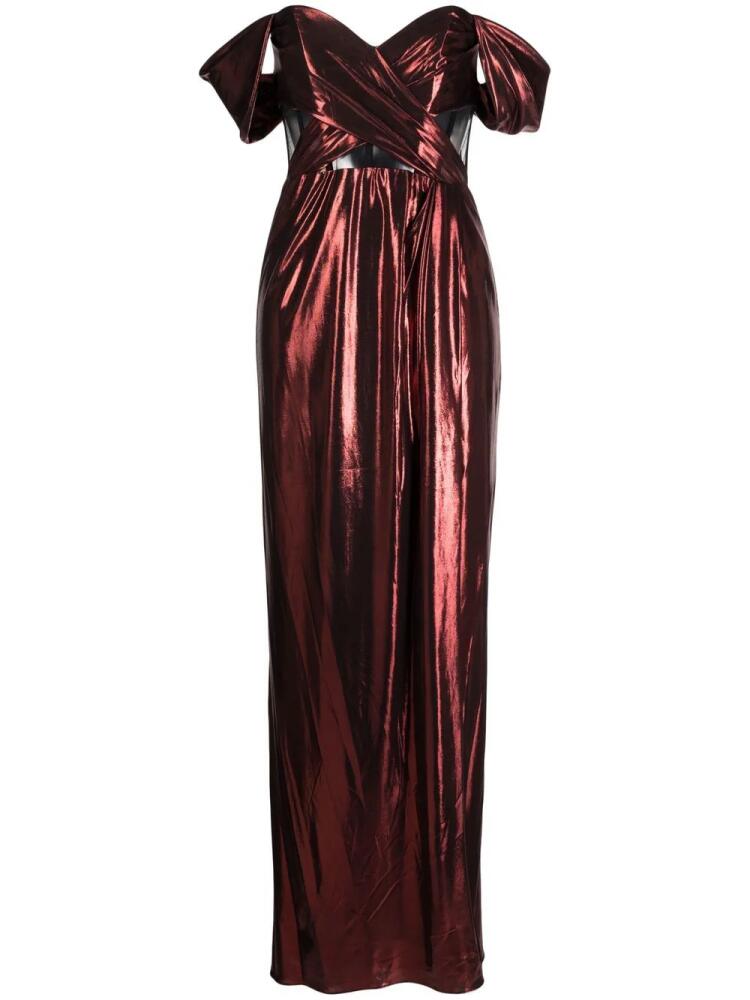 Marchesa Notte sheer-panel off-shoulder gown - Red Cover