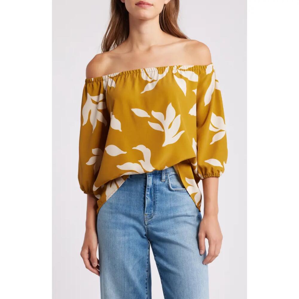 Loveappella Floral Print Off the Shoulder Top in Dijon Natural Cover