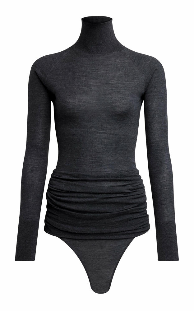 ALAA - Ruched Knit Merino Wool Bodysuit - Dark Grey Cover