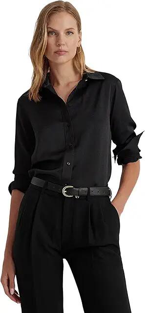 Lauren Ralph Lauren Petite Satin Charmeuse Shirt (Black) Women's Clothing Cover