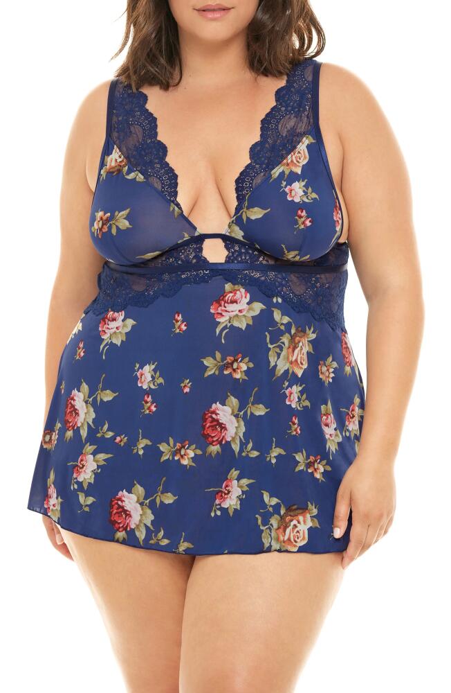 Oh La La Cheri Naeva Floral Print Lace Trim Babydoll Chemise in Estate Blue Scattered Ros Cover