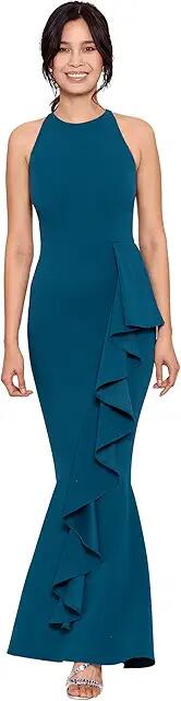 Betsy & Adam Halter Crepe Mermaid Gown (Azure) Women's Dress Cover