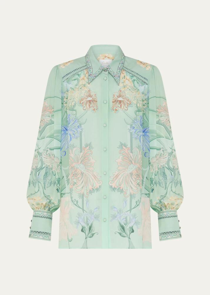 Camilla Floral Silk Button-Front Blouson-Sleeve Blouse Cover