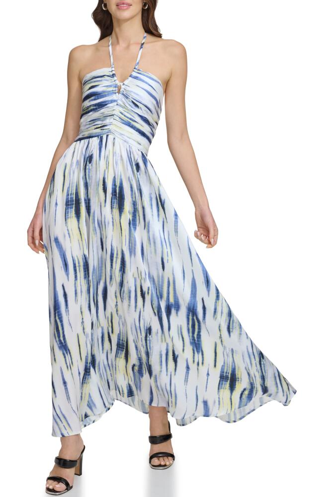 DKNY Printed Halter Maxi Dress in White/Inky Blue Multi Cover