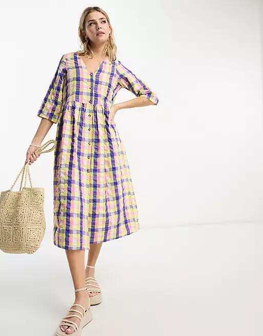 Monki seersucker smock midi dress in yellow check Cover