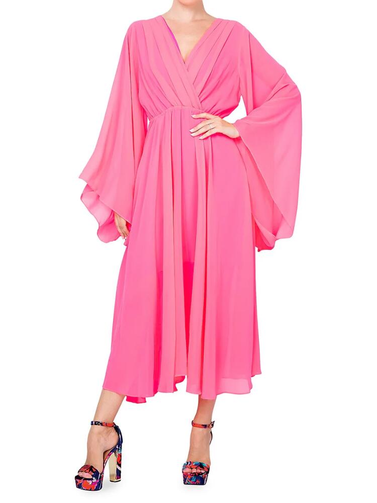 MEGHAN LA Women's Sunset Surplice Chiffon Midi Dress - Neon Pink Cover