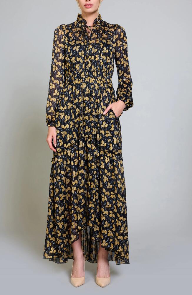 MELLODAY Leaf Print High-Low Long Sleeve Maxi Dress in Black/Yellow Leaf Cover