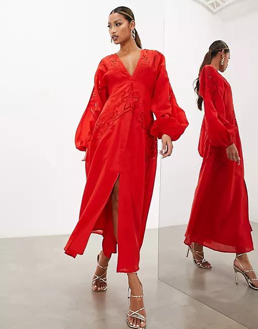 ASOS EDITION waisted plunge midi dress with cutwork in tomato red Cover