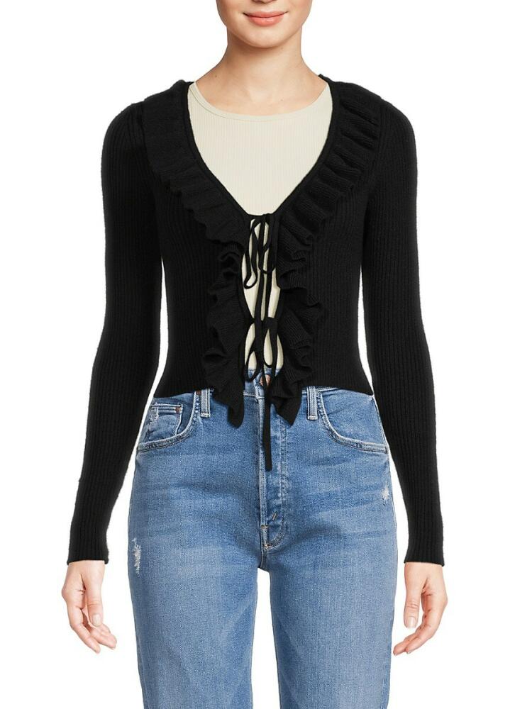 Lea & Viola Women's Ribbed Ruffle Tie Cardigan - Black Cover