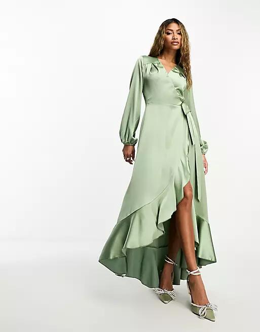 Flounce London long sleeve wrap maxi dress in light khaki-Green Cover