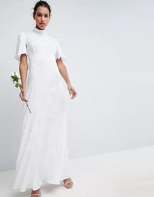 ASOS DESIGN wedding maxi dress in soft jacquard with flutter sleeve-White Cover