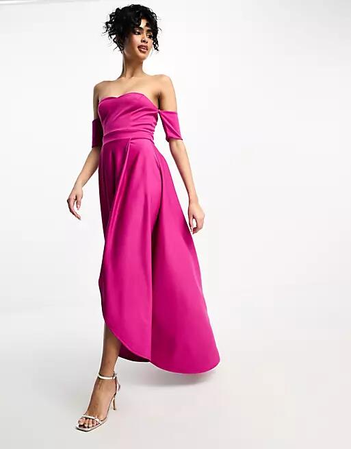 True Violet off shoulder high low dress in fuchsia-Pink Cover