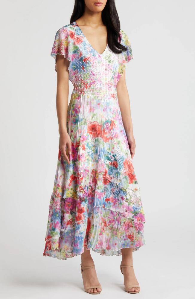 Komarov Floral Flutter Sleeve Chiffon & Charmeuse Maxi Dress in Monet Floral Cover