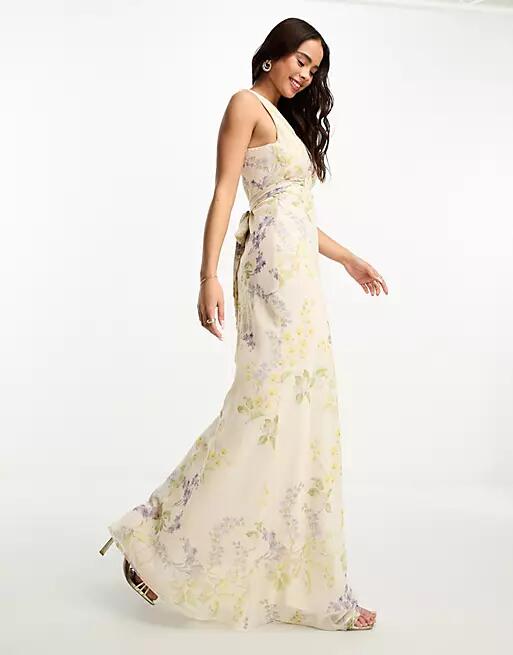 Hope & Ivy Bridesmaid tie back maxi dress in ivory floral-White Cover