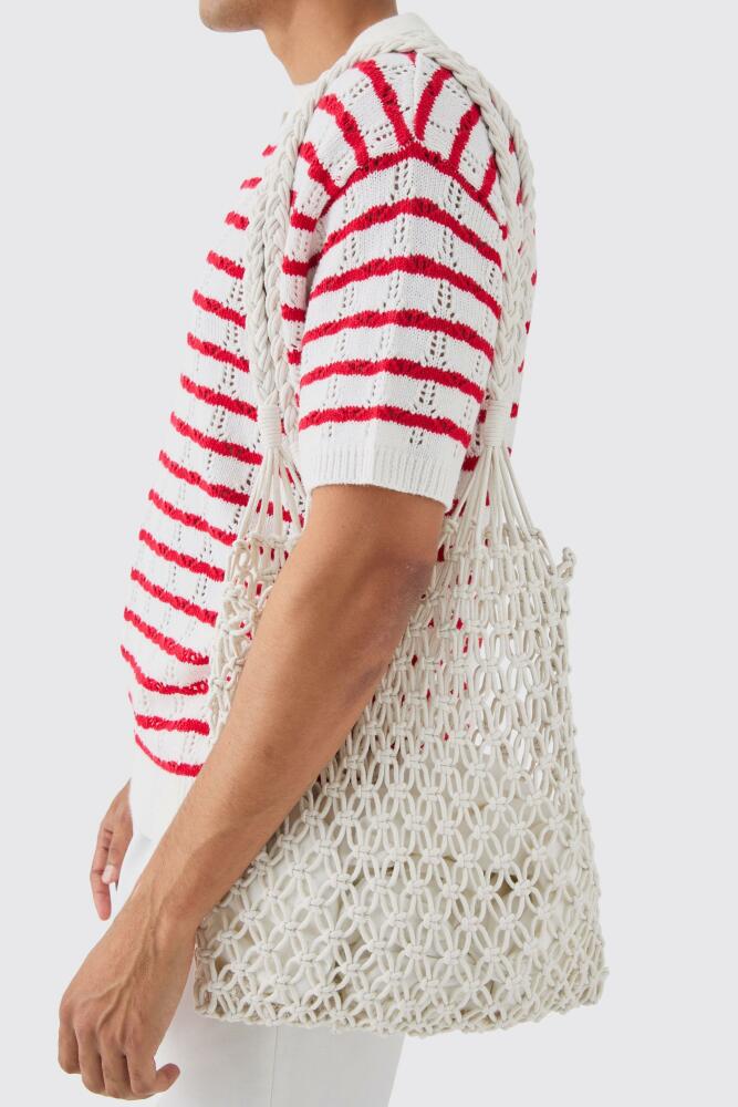 boohoo Mens Open Knit Crochet Tote Bag In White Cover