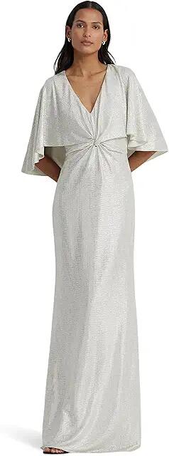 LAUREN Ralph Lauren Metallic Knit Twist-Front Cape Gown (Mascarpone Cream) Women's Dress Cover