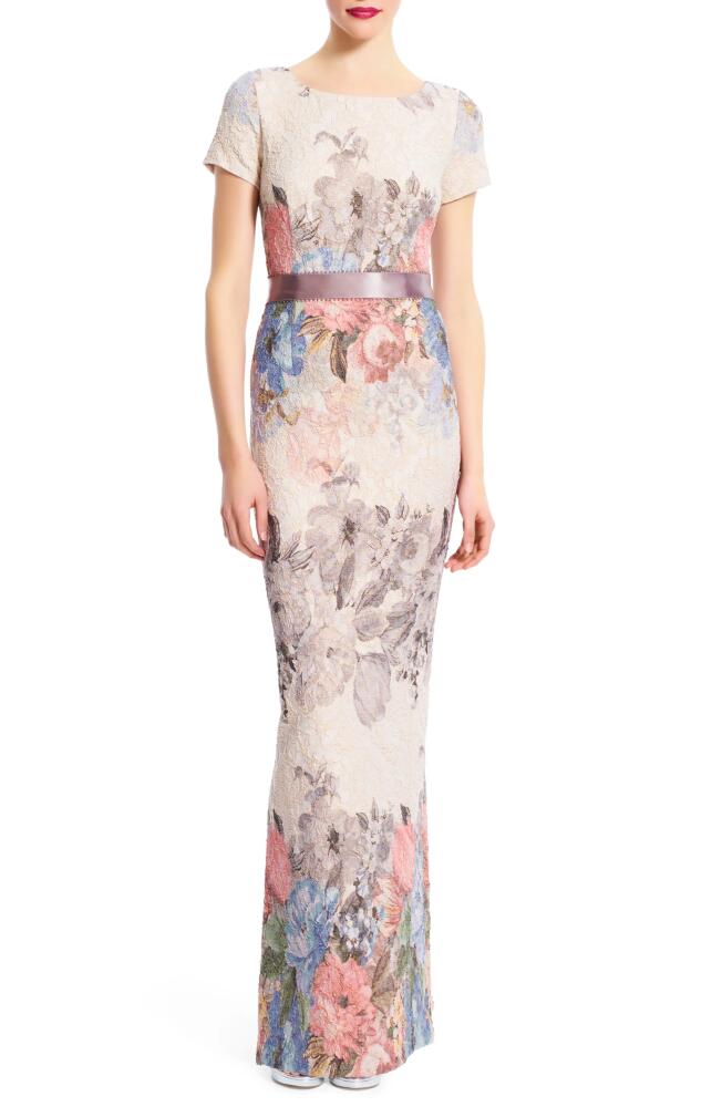 Adrianna Papell Matelassé Floral Jacquard Column Gown in Blush Multi Cover