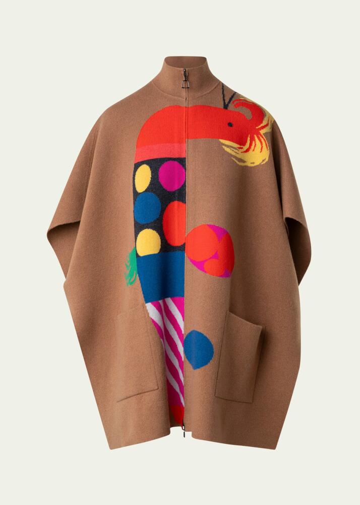 Akris Reversible Rooster Intarsia Cashmere Double-Face Knit Cape Cover