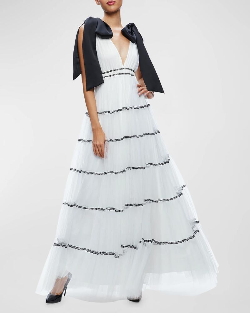 Alice + Olivia Jessalynn Bow Strap Tiered Maxi Gown Cover