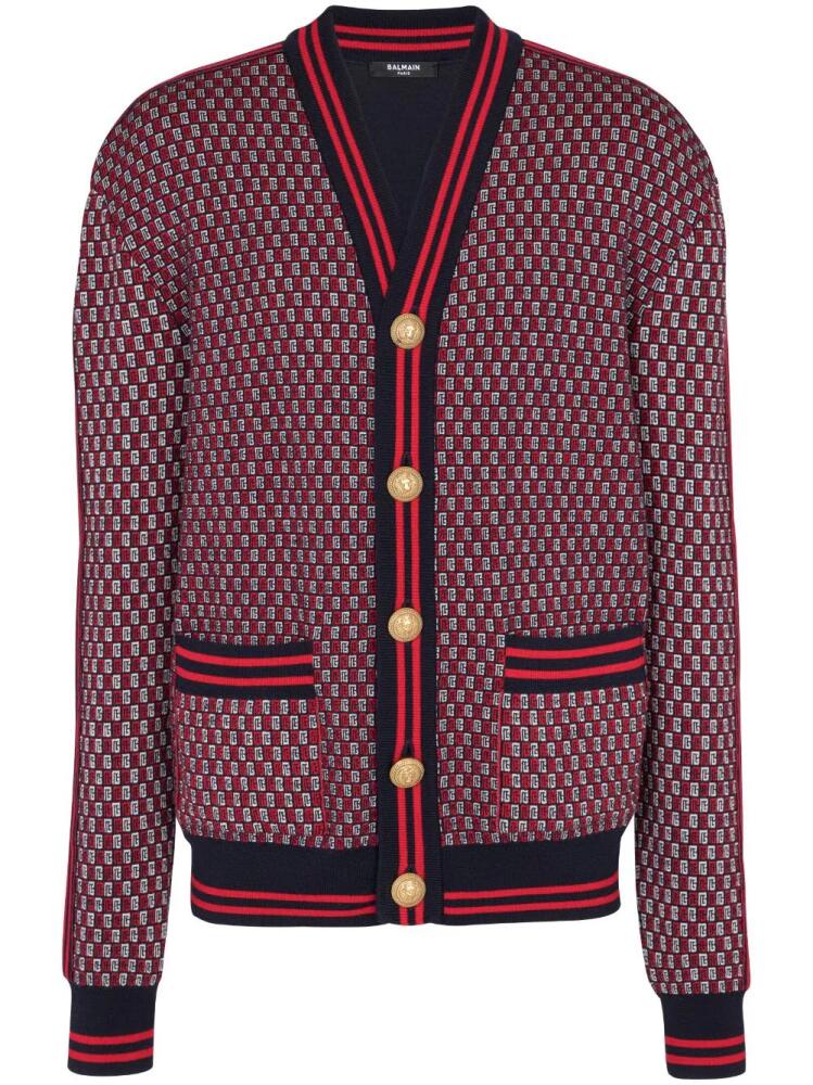 Balmain monogram-print checked wool cardigan - Red Cover