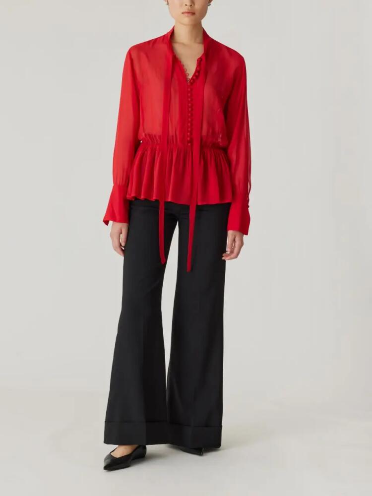 Rebecca Taylor Covered Button Tie Front Blouse in Red Lip Cover