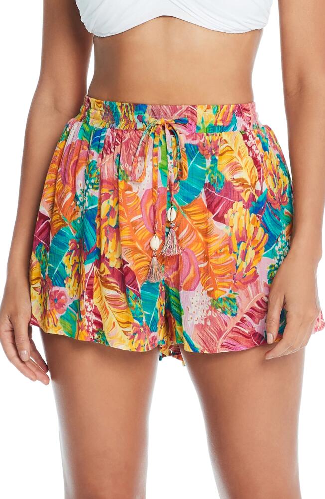 Rod Beattie Floral Print Pleated Cover-Up Shorts in Pink Multi Cover