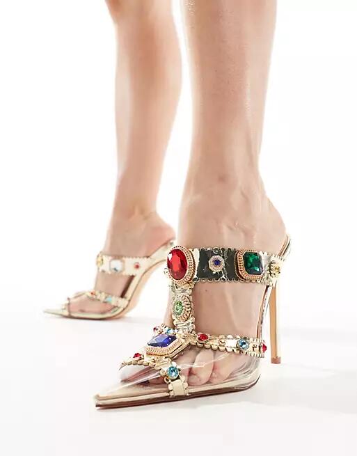 Azalea Wang Zya jewel embellished heeled mules in gold Cover