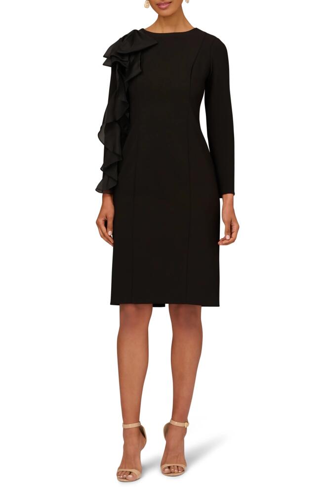 Aidan Mattox by Adrianna Papell Ruffle Long Sleeve Crepe Sheath Cocktail Dress in Black Cover