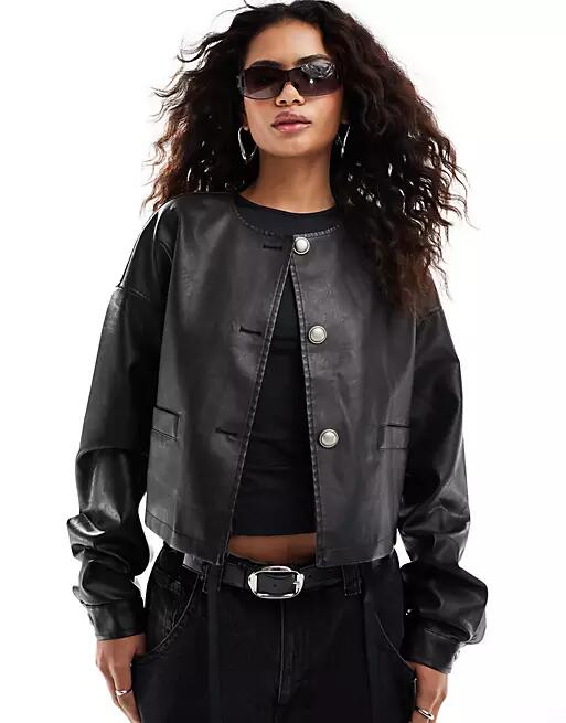 Lioness leather look collarless bomber jacket in black Cover