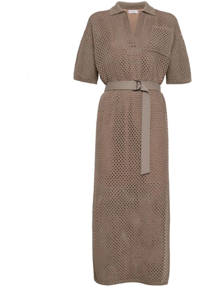 Brunello Cucinelli crochet-knit cotton midi dress - Brown Cover