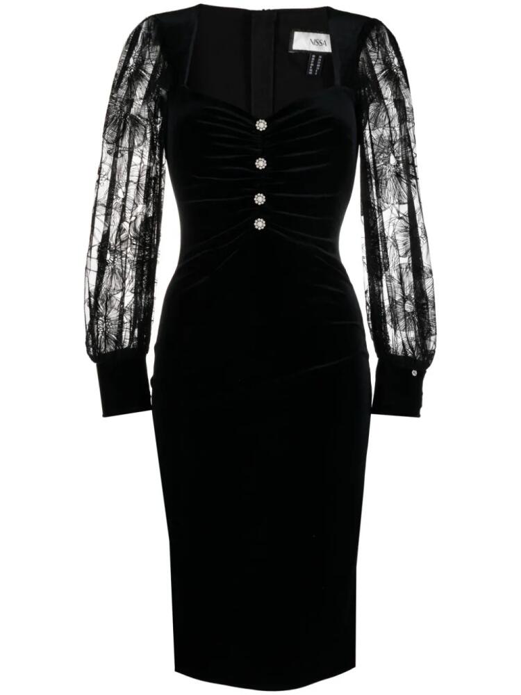 NISSA sheer-sleeves velvet bodycon dress - Black Cover