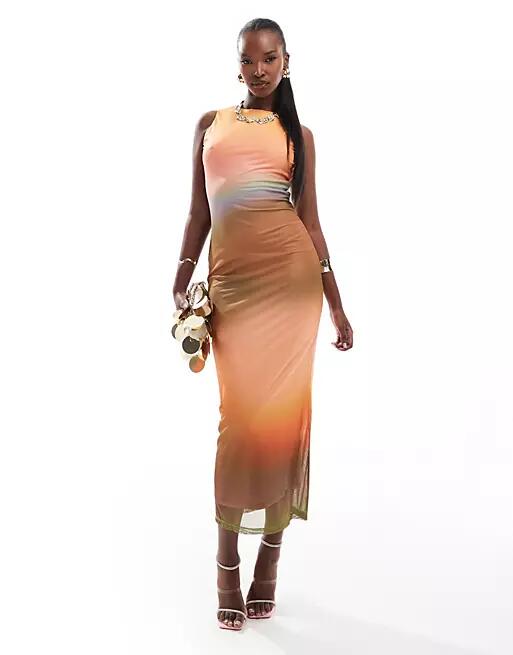 Rare London mesh racer neck maxi dress in orange ombre-Multi Cover